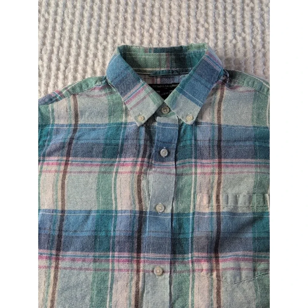 Banana Republic Men's Plaid Button-Down Shirt in Teal, Blue, and White